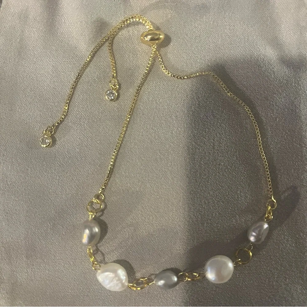 Natural Freshwater Pearl Adjustable Bracelet Handmade NWT Gold White - Picture 5 of 5